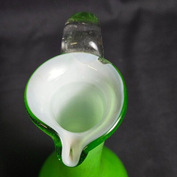 Vintage Green Art Glass Pitcher Ewer 8" Hand Blown Clear Handle Feet Mid Century - Picture 5 of 14